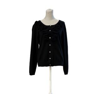 Red Moon Size L Cashmere cardigan. Scoop neck ruffle button front black classic